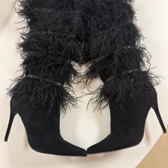 Nasty Gal Black Feather-Trim Over-the-Knee Stiletto Boots - Picture 3 of 5